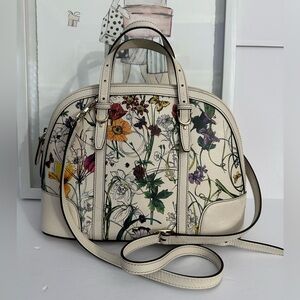 GUCCI Leather Flora Nice Dome Satchel Bag In White 2-Way Top Handle Crossbody